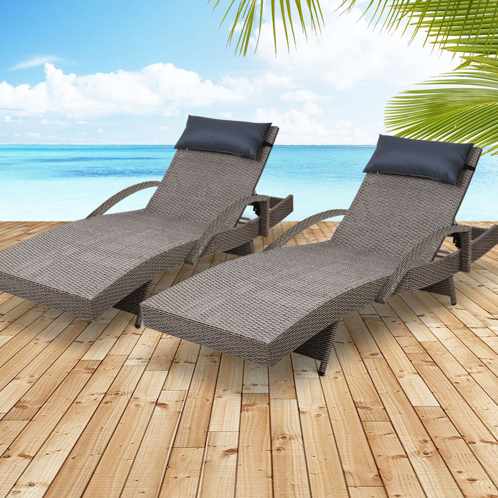 Gardeon Set of 2 Sun Lounge Outdoor Furniture Wicker Lounger Rattan Day Bed Garden Patio Grey