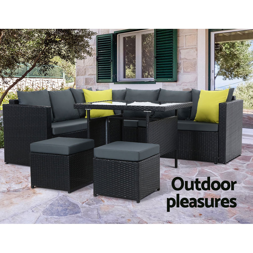 Gardeon Outdoor Dining Set Aluminum Table Chairs Wicker Setting Black