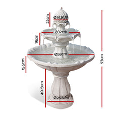 Gardeon Solar Water Feature 3-Tier Fountain with Pump Kit Bird Bath 93CM Ivory