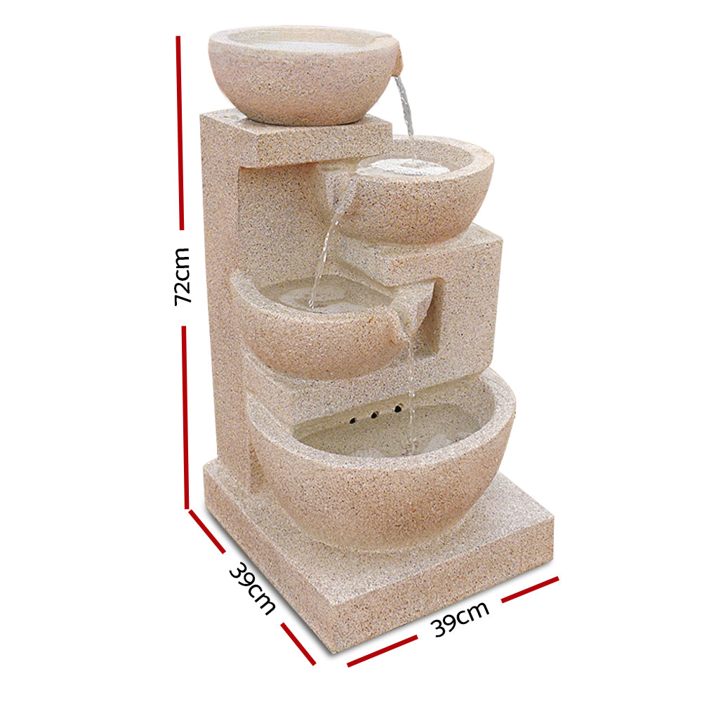 Gardeon Solar Water Feature Cascading Fountain 4-Tier Bowl LED Lights 72CM Sand