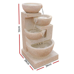 Gardeon Solar Water Feature Cascading Fountain 4-Tier Bowl LED Lights 72CM Sand