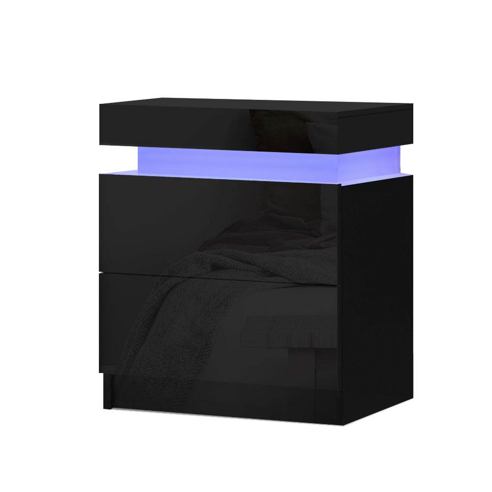 Artiss Bedside Table LED 2 Drawers Lift-up Storage - COLEY Black