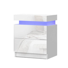 Artiss Bedside Table LED 2 Drawers Lift-up Storage - COLEY White