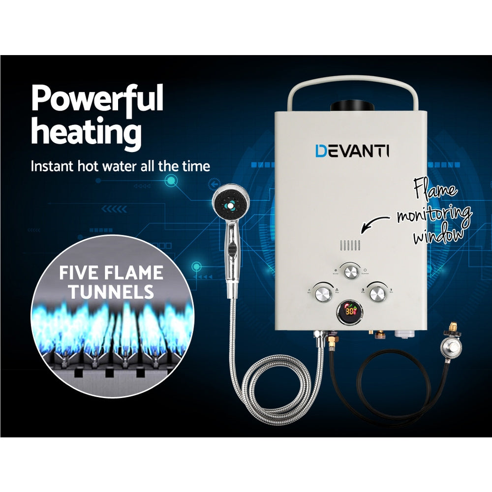 Devanti Portable Gas Water Heater 8L/Min LPG System Grey