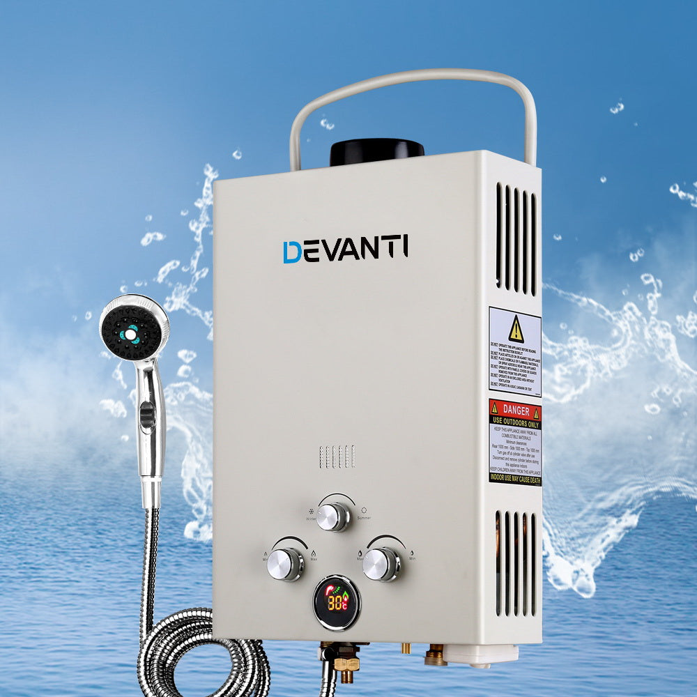 Devanti Portable Gas Water Heater 8L/Min LPG System Grey