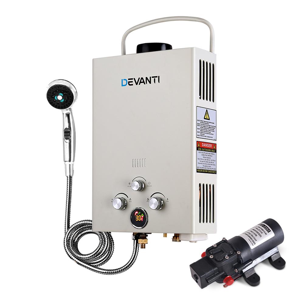 Devanti Portable Gas Water Heater 8L/Min With Pump LPG System Grey