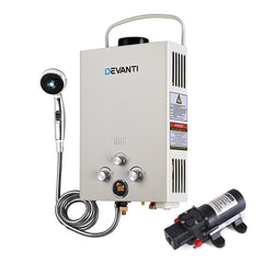 Devanti Portable Gas Water Heater 8L/Min With Pump LPG System Grey