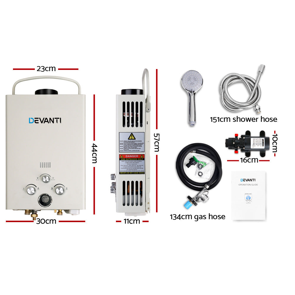 Devanti Portable Gas Water Heater 8L/Min With Pump LPG System Grey