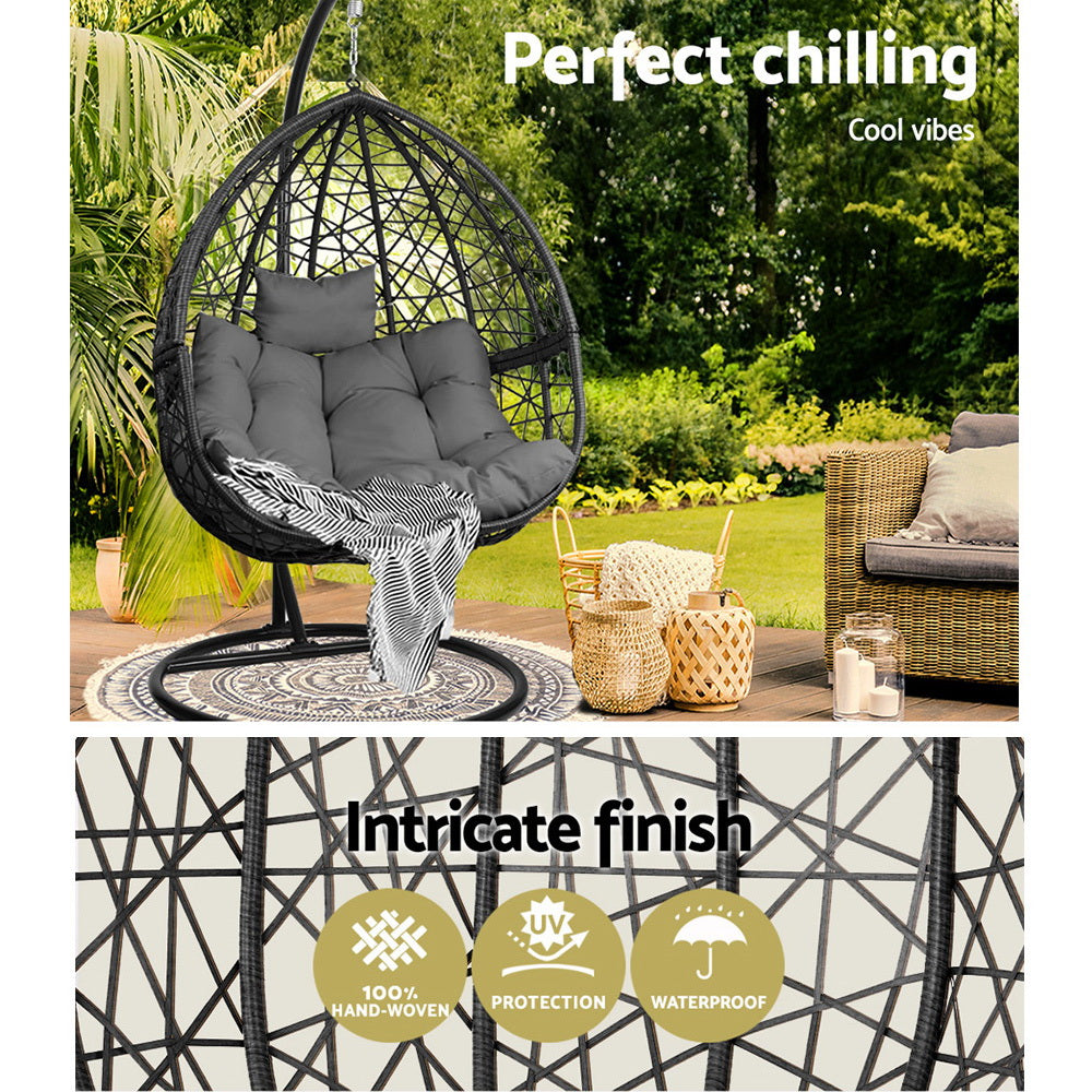 Gardeon Outdoor Egg Swing Chair Wicker Rattan Furniture Pod Stand Cushion Grey