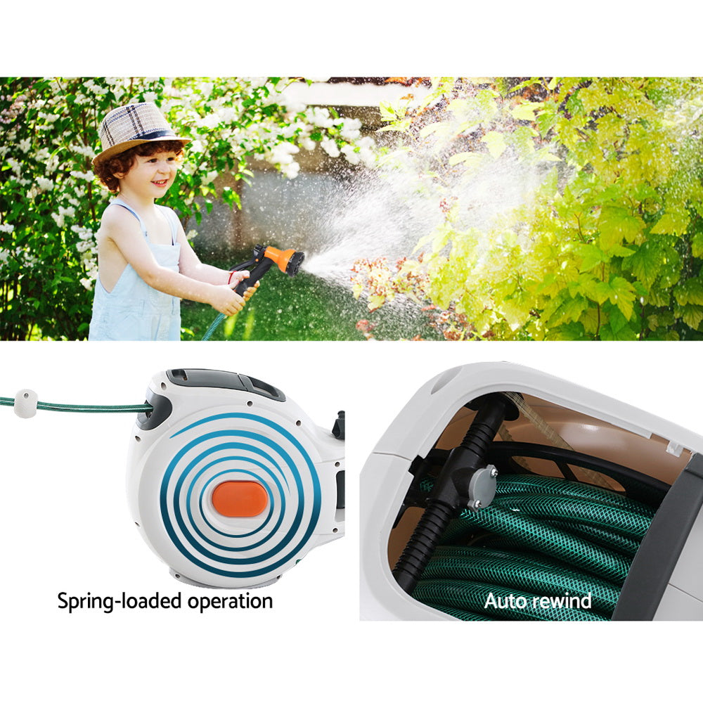 Green Fingers Water Hose Reel 20M Retractable Garden Spray Gun Auto Rewind