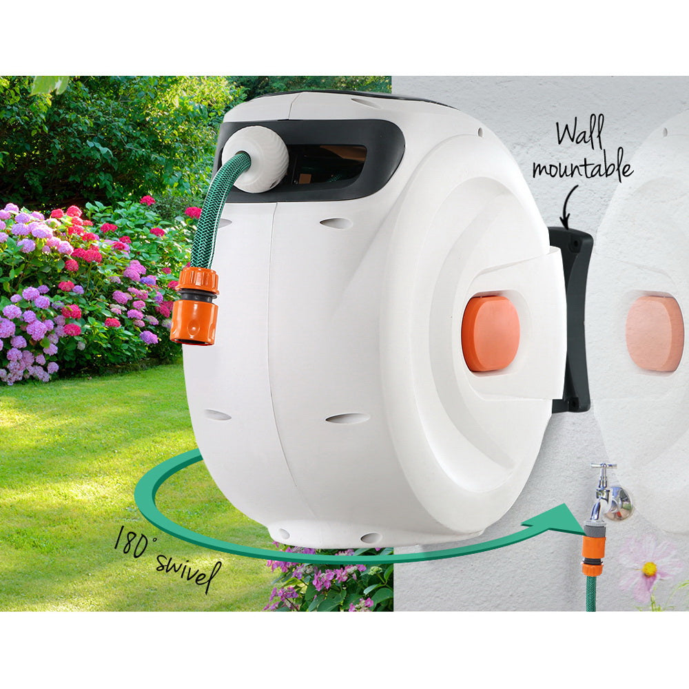 Green Fingers Water Hose Reel 20M Retractable Garden Spray Gun Auto Rewind