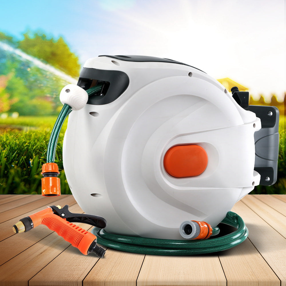 Green Fingers Water Hose Reel 30M Retractable Garden Brass Spray Gun Auto Rewind