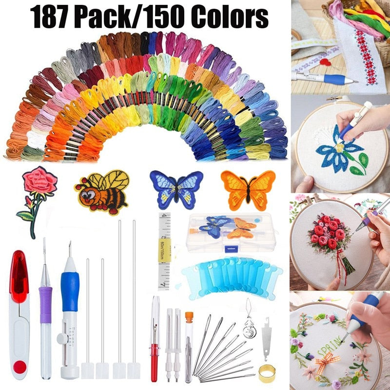 DIY Magic Embroidery Craft 187 In 1 Stitching Weaving Tool Set 150 Threads Embroider Pen Punch Needle Scissors Kit