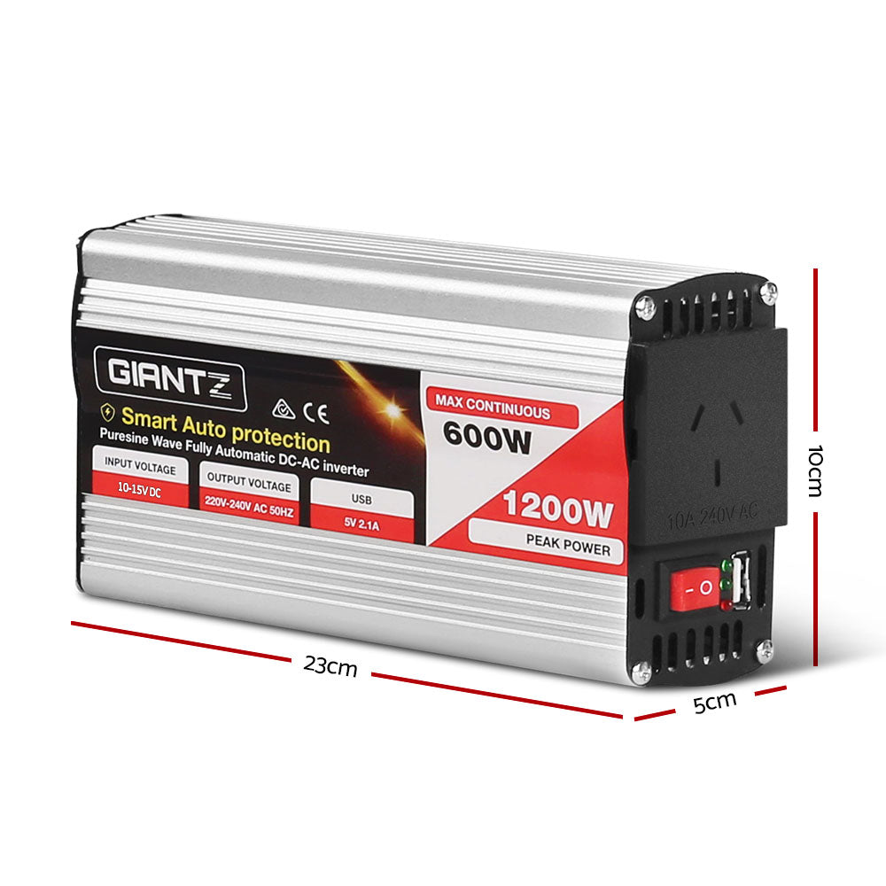 Giantz Power Inverter 600W/1200W 12V to 240V Pure Sine Wave Camping Car Boat