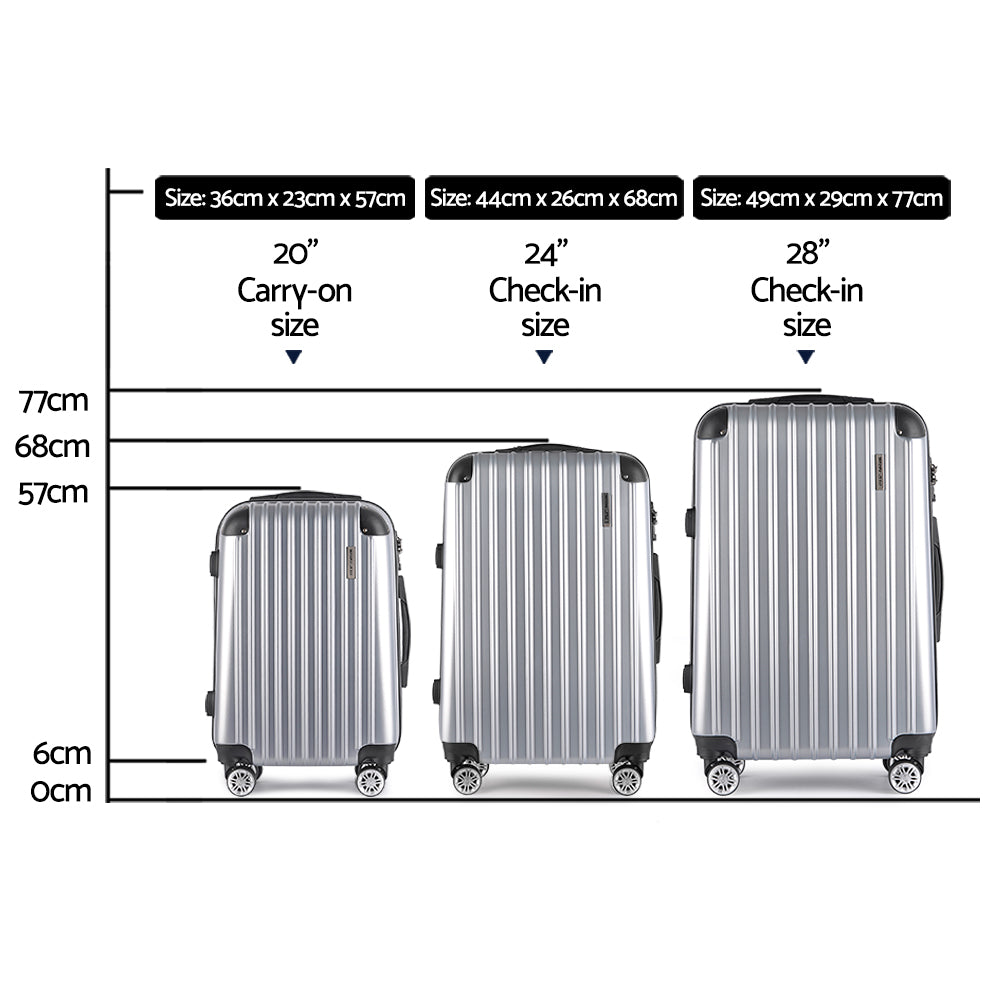 Wanderlite 20-24-28 Inch Luggage 3Set with TSA Lock Spinner Carry On Hard Shell Travel Suitcase Luggage Case Silver