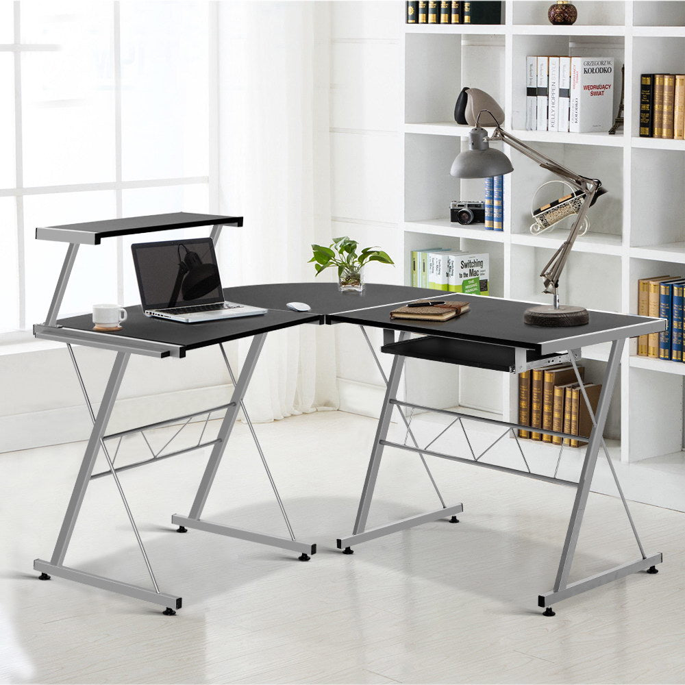 Artiss Computer Desk L-Shape Keyboard Tray Shelf Black