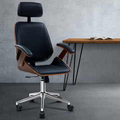 Artiss Wooden Office Chair Leather Seat Black