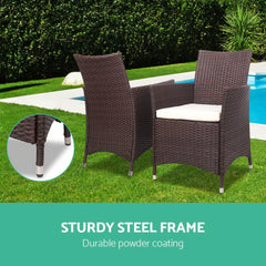 Gardeon 3PC Outdoor Bistro Set Patio Furniture Wicker Setting Chairs Table Cushion Brown