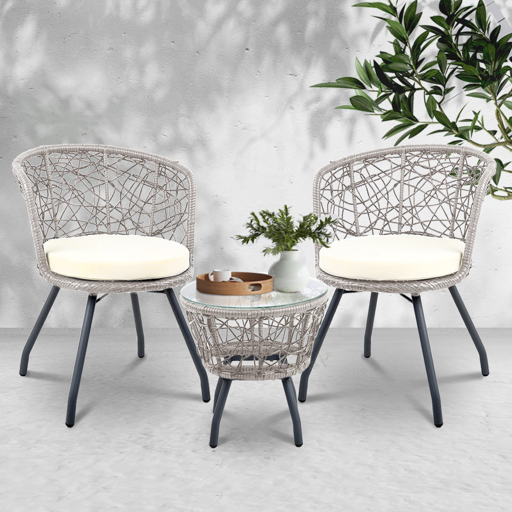 Gardeon 3PC Bistro Set Outdoor Furniture Rattan Table Chairs Patio Garden Cushion Grey