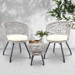 Gardeon 3PC Bistro Set Outdoor Furniture Rattan Table Chairs Patio Garden Cushion Grey