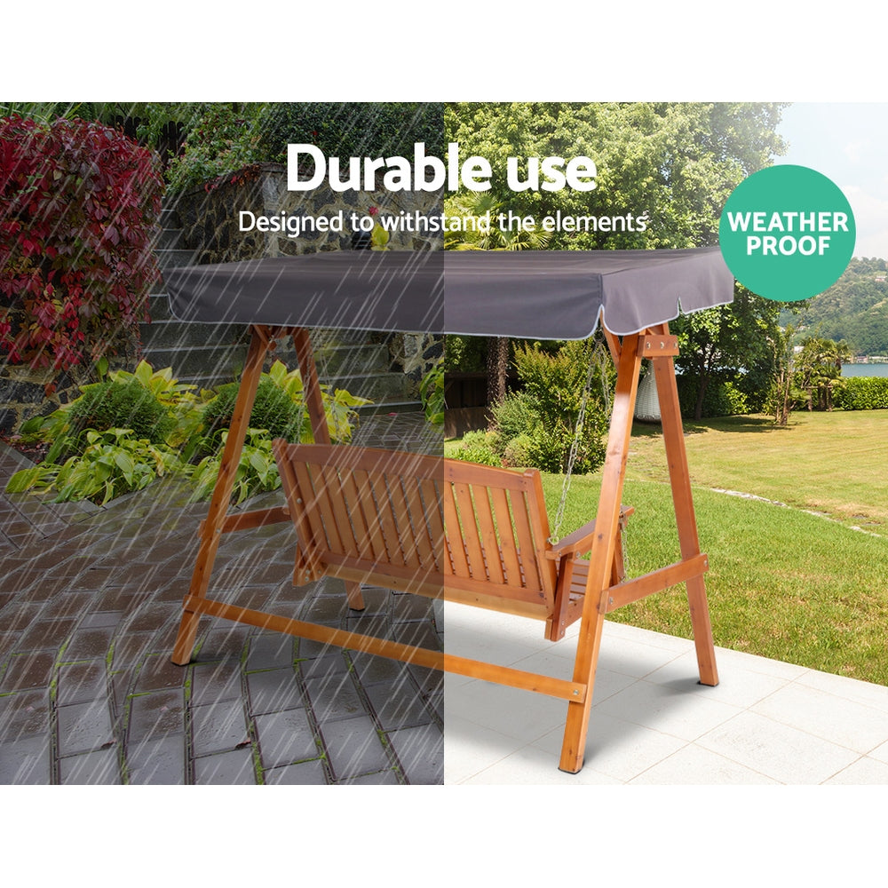 Gardeon Outdoor Wooden Swing Chair Garden Bench Canopy Cushion 3 Seater Teak
