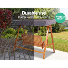 Gardeon Outdoor Wooden Swing Chair Garden Bench Canopy Cushion 3 Seater Teak