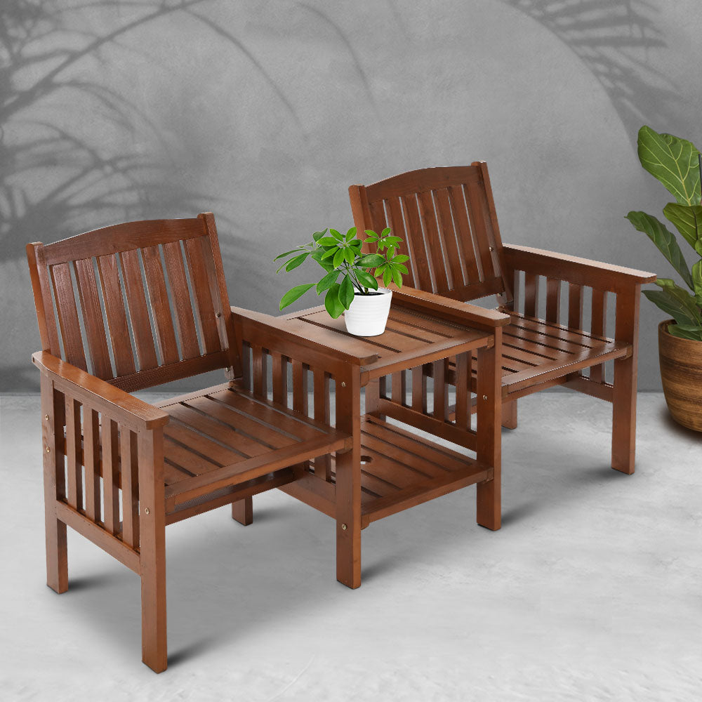 Gardeon Outdoor Garden Bench Loveseat Wooden Table Chairs Patio Furniture Brown