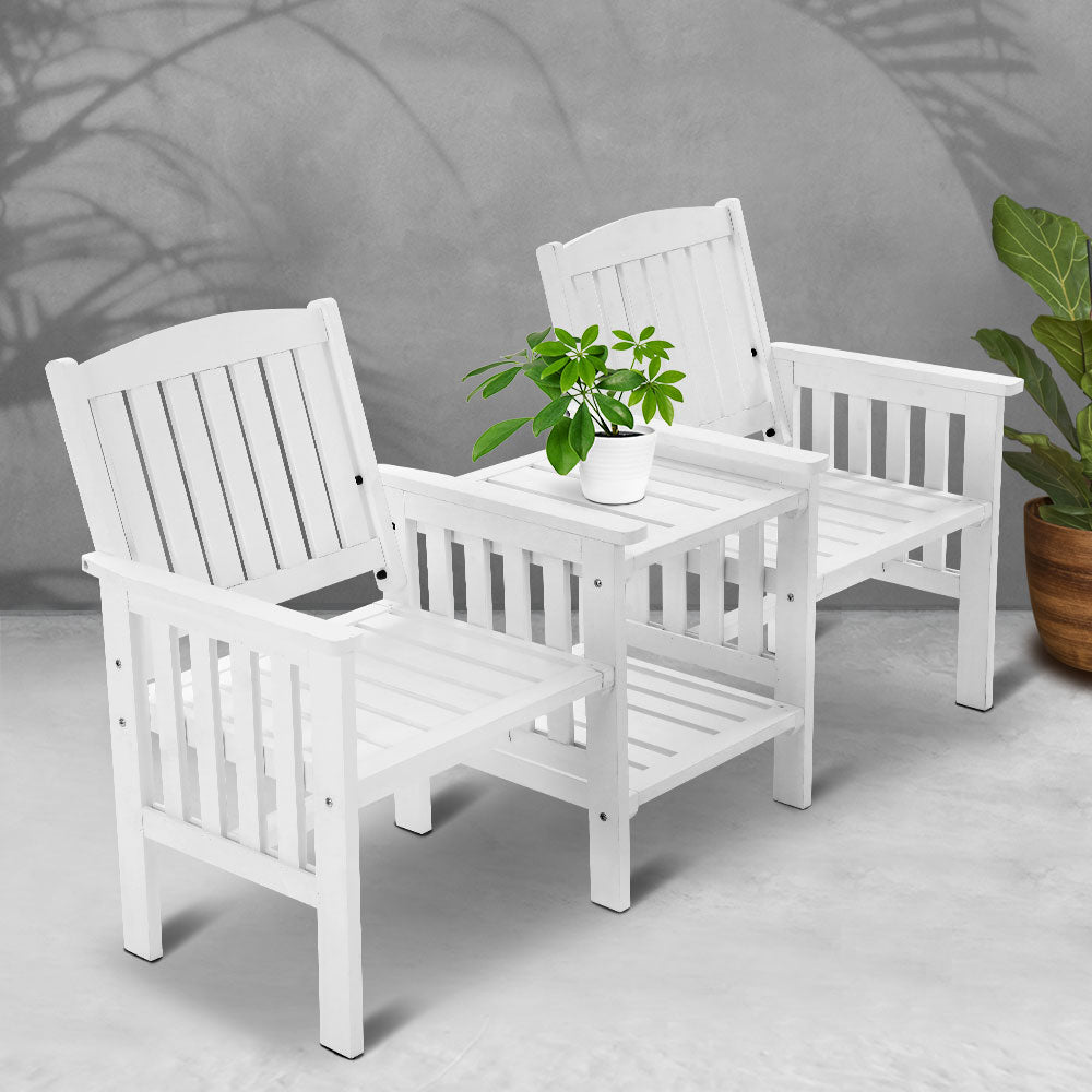 Gardeon Outdoor Garden Bench Loveseat Wooden Table Chairs Patio Furniture White