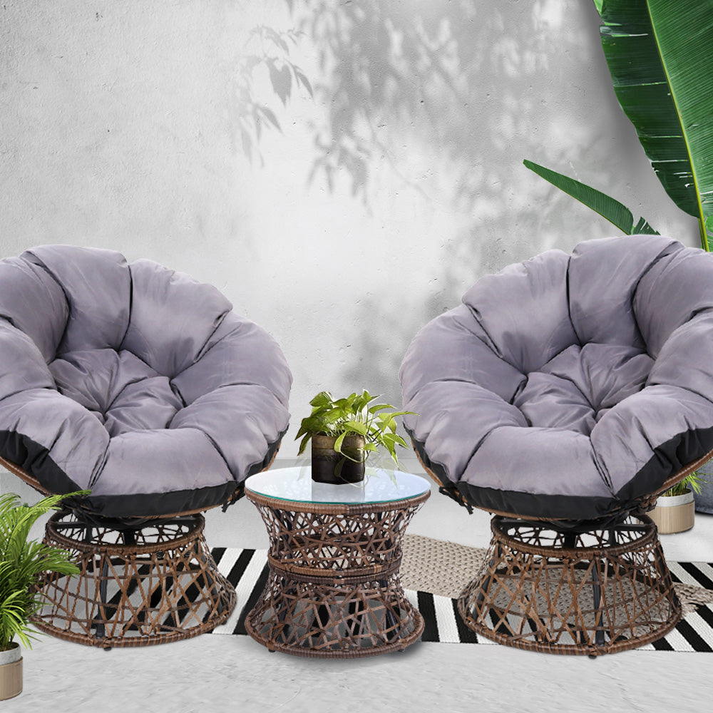 Gardeon Outdoor Lounge Setting Furniture Wicker Papasan Chairs Table Patio Brown