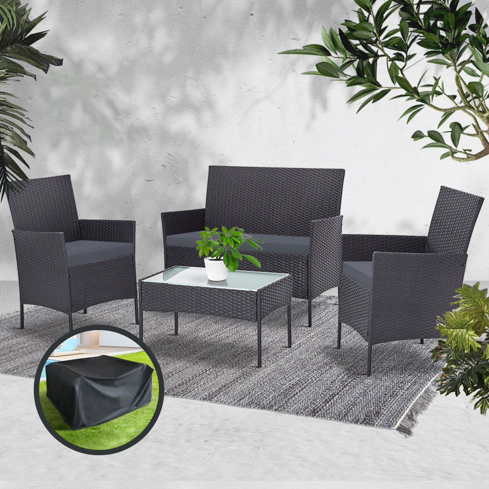 Gardeon 4 Seater Outdoor Sofa Set with Storage Cover Wicker Table Chair DarkGrey