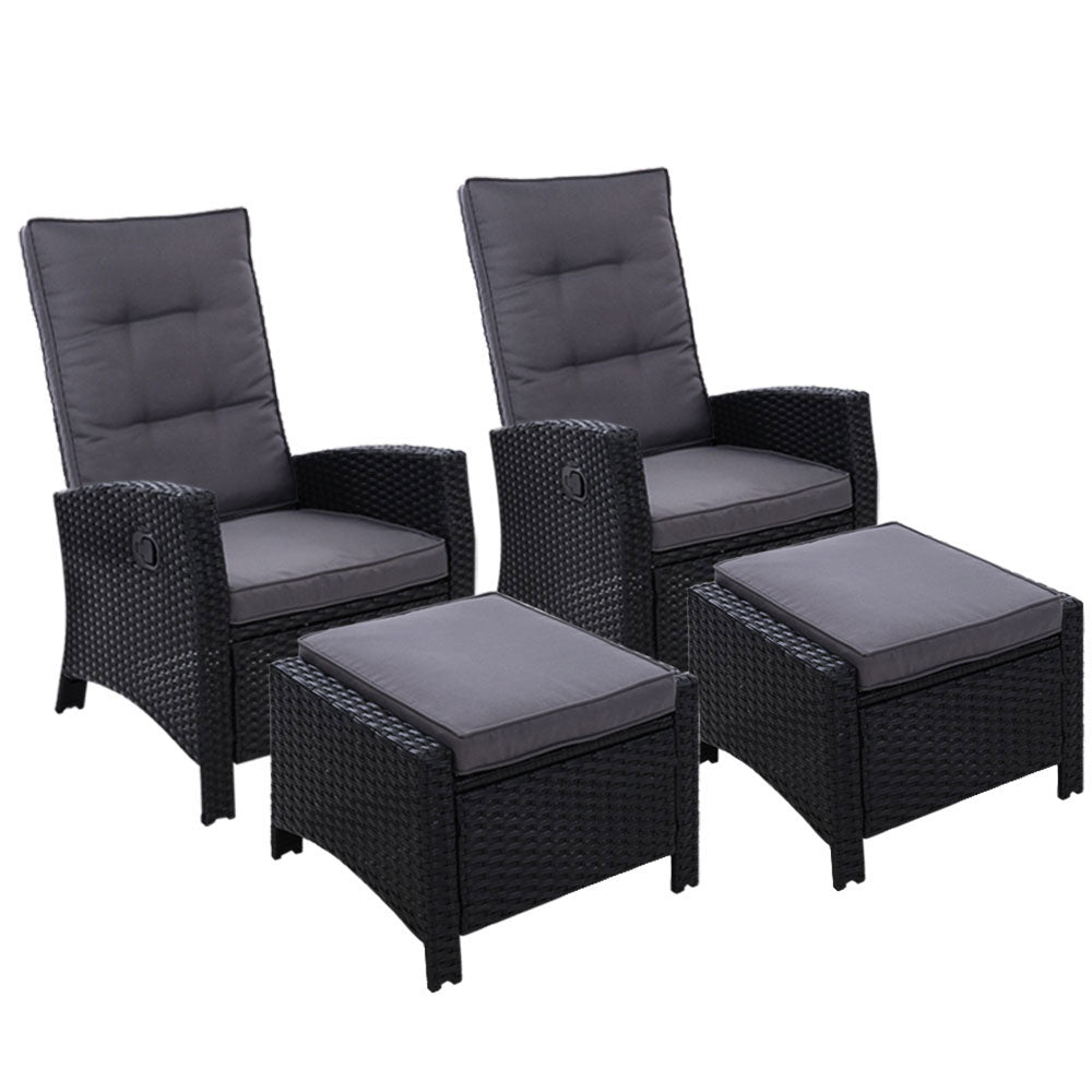 Gardeon 2PC Recliner Chairs Sun lounge Wicker Lounger Outdoor Furniture Adjustable Black
