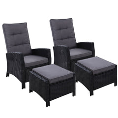 Gardeon 2PC Recliner Chairs Sun lounge Wicker Lounger Outdoor Furniture Adjustable Black