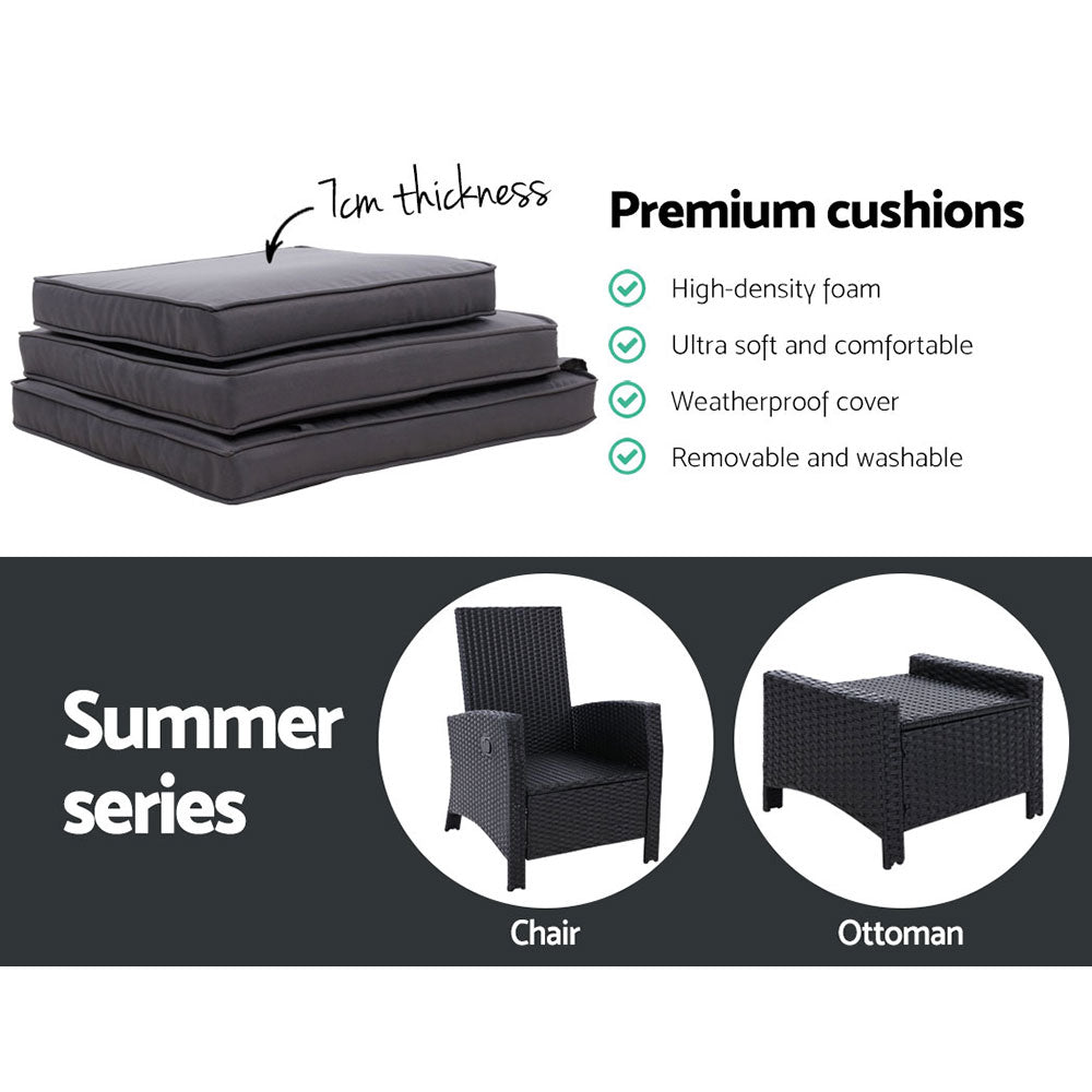 Gardeon 2PC Recliner Chairs Sun lounge Wicker Lounger Outdoor Furniture Adjustable Black