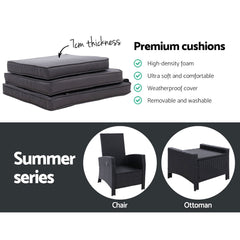 Gardeon 2PC Recliner Chairs Sun lounge Wicker Lounger Outdoor Furniture Adjustable Black