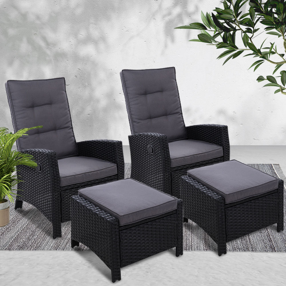 Gardeon 2PC Recliner Chairs Sun lounge Wicker Lounger Outdoor Furniture Adjustable Black