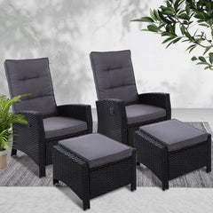 Gardeon 2PC Recliner Chairs Sun lounge Wicker Lounger Outdoor Furniture Adjustable Black