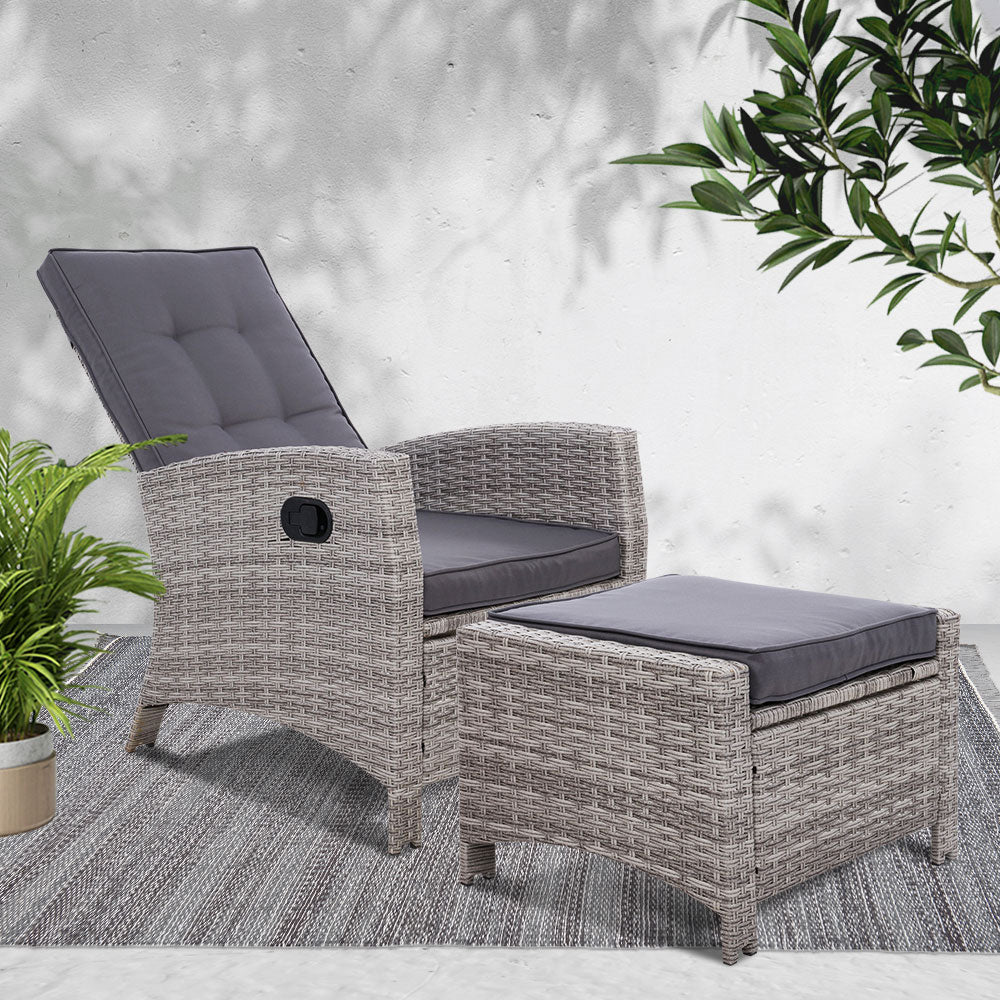Gardeon Recliner Chair Sun lounge Wicker Lounger Outdoor Patio Furniture Adjustable Grey