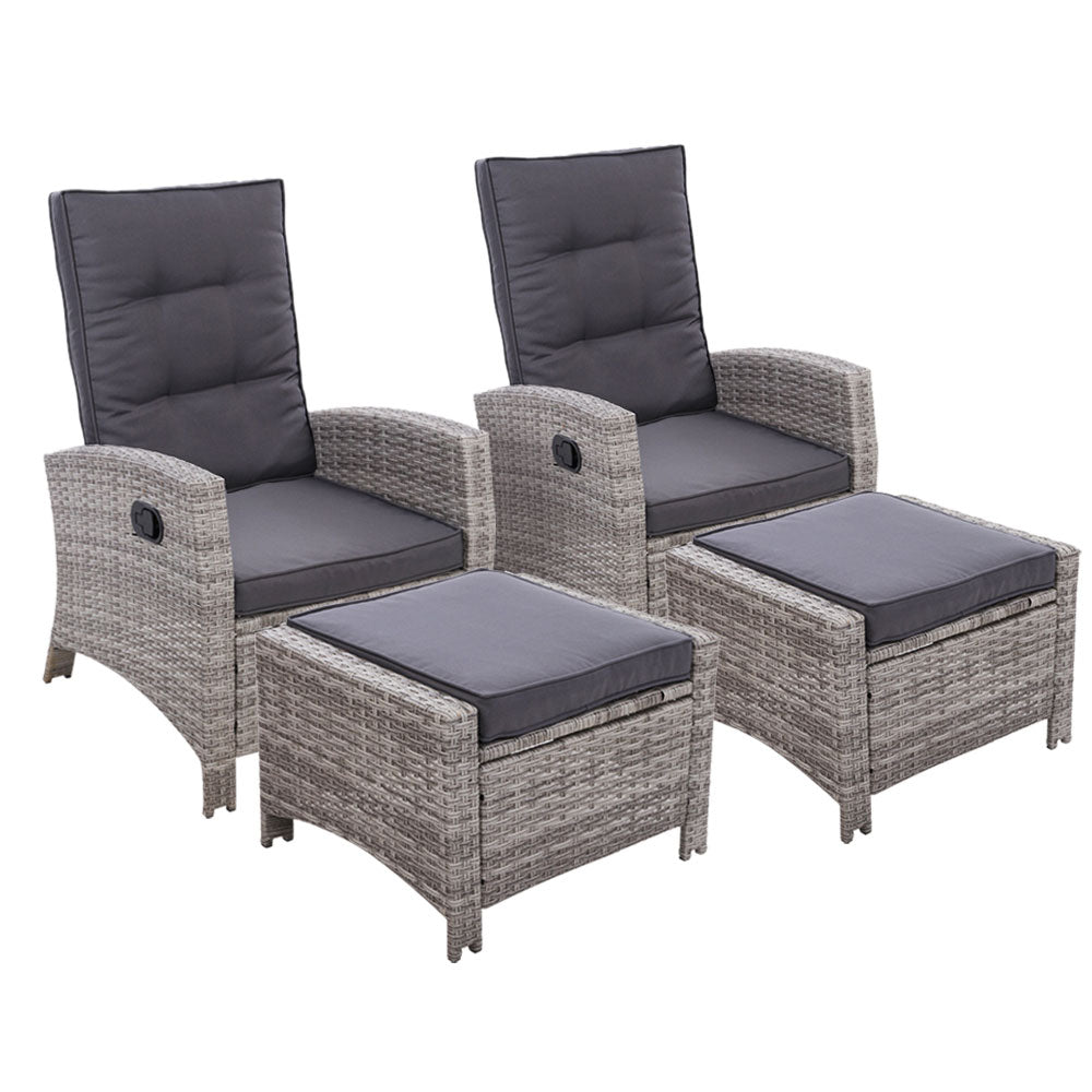 Gardeon 2PC Recliner Chairs Sun lounge Wicker Lounger Outdoor Furniture Adjustable Grey