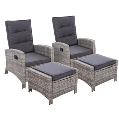 Gardeon 2PC Recliner Chairs Sun lounge Wicker Lounger Outdoor Furniture Adjustable Grey