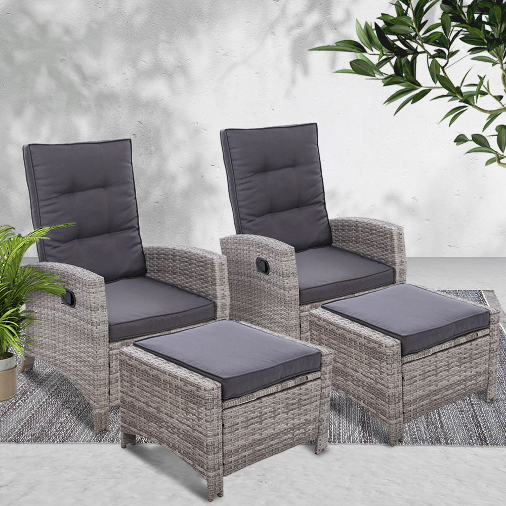 Gardeon 2PC Recliner Chairs Sun lounge Wicker Lounger Outdoor Furniture Adjustable Grey