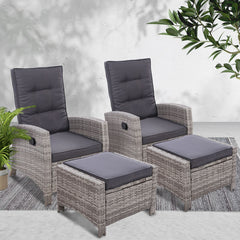 Gardeon 2PC Recliner Chairs Sun lounge Wicker Lounger Outdoor Furniture Adjustable Grey