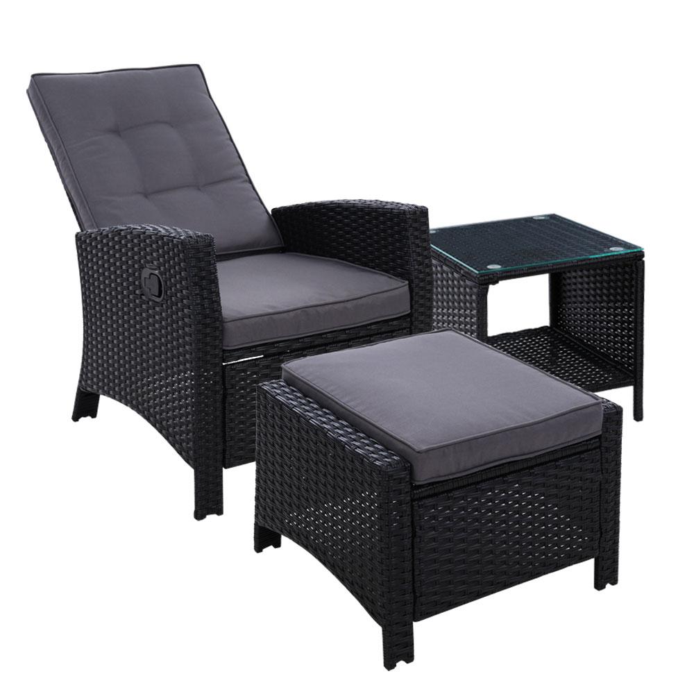 Gardeon 3PC Recliner Chairs Table Sun lounge Wicker Outdoor Furniture Adjustable Black