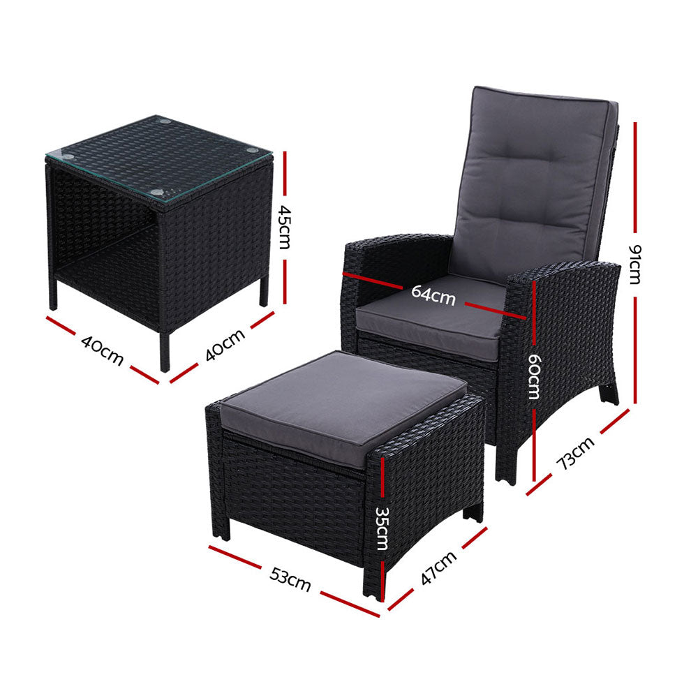 Gardeon 3PC Recliner Chairs Table Sun lounge Wicker Outdoor Furniture Adjustable Black