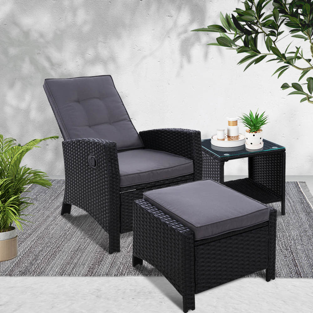 Gardeon 3PC Recliner Chairs Table Sun lounge Wicker Outdoor Furniture Adjustable Black