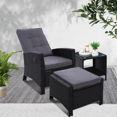 Gardeon 3PC Recliner Chairs Table Sun lounge Wicker Outdoor Furniture Adjustable Black