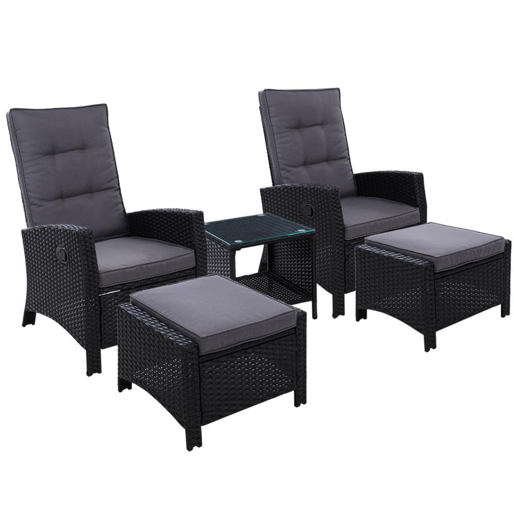 Gardeon 5PC Recliner Chairs Table Sun lounge Wicker Outdoor Furniture Adjustable Black