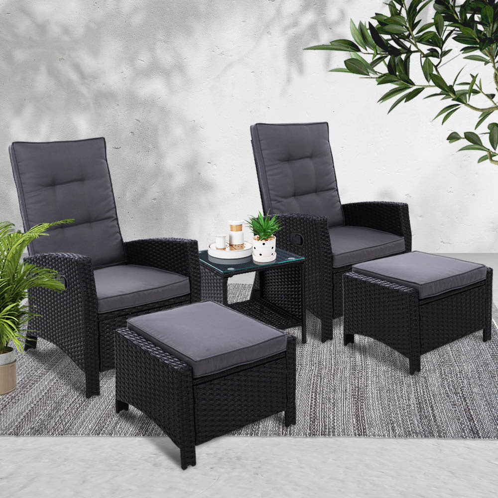 Gardeon 5PC Recliner Chairs Table Sun lounge Wicker Outdoor Furniture Adjustable Black