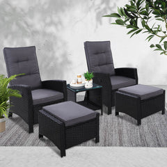 Gardeon 5PC Recliner Chairs Table Sun lounge Wicker Outdoor Furniture Adjustable Black