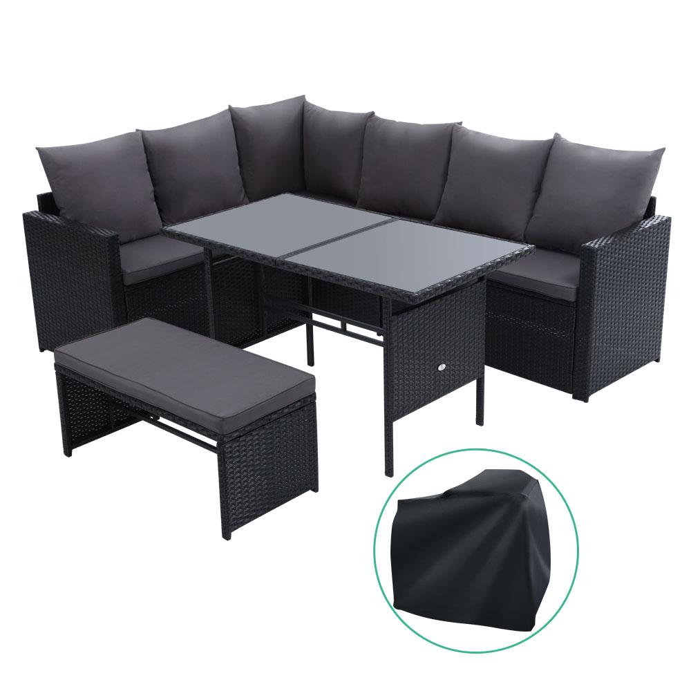 Gardeon Outdoor Dining Set Sofa Lounge Setting Chairs Table Bench Black Cover
