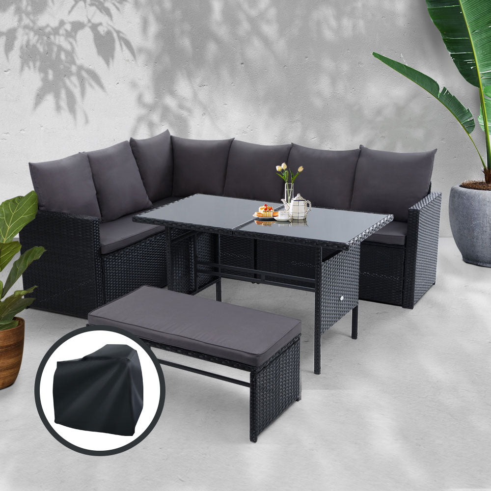Gardeon Outdoor Dining Set Sofa Lounge Setting Chairs Table Bench Black Cover